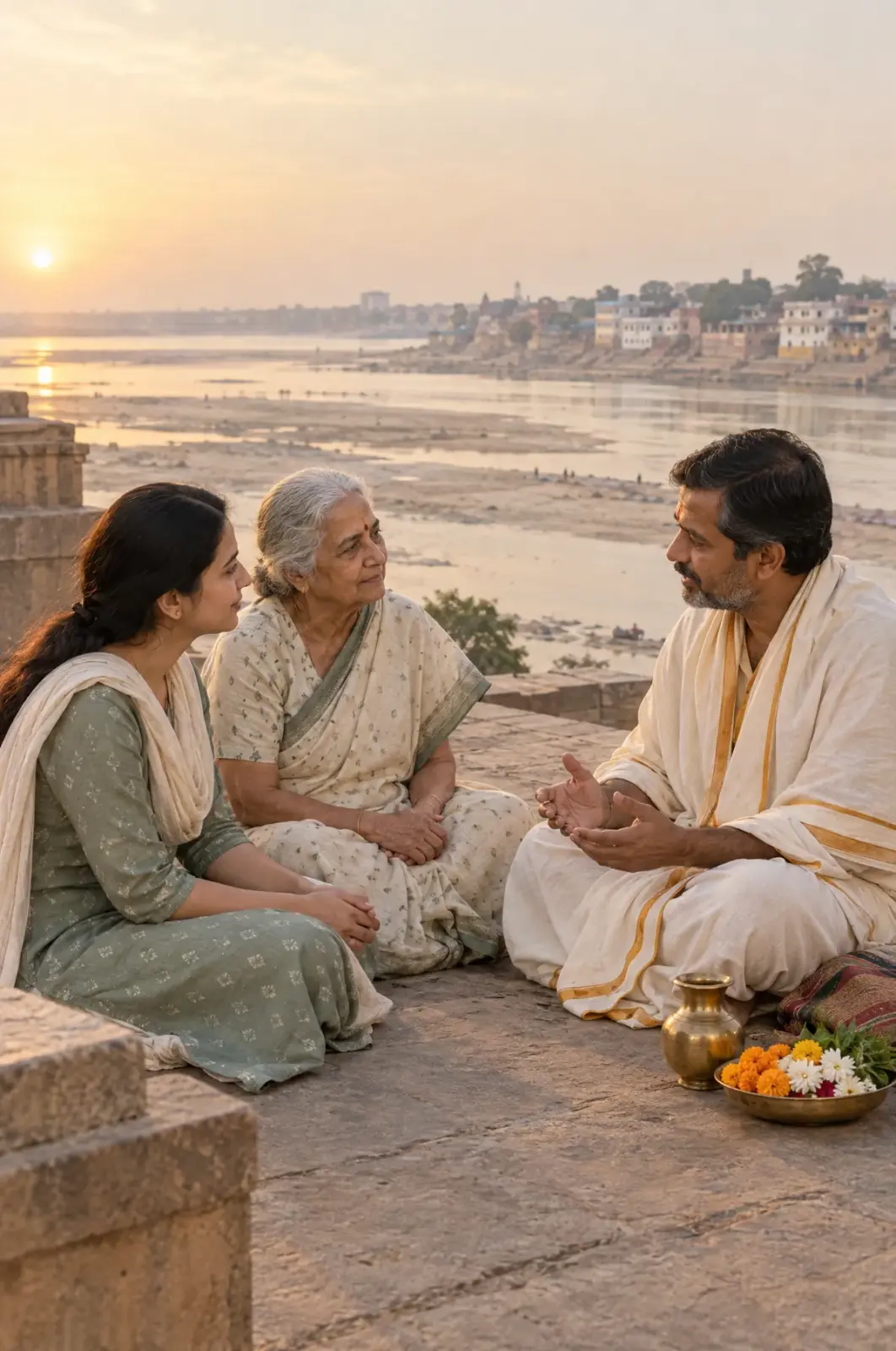 A family discussing ancestral rituals with a Pandit beside the Falgu River in Gaya.
