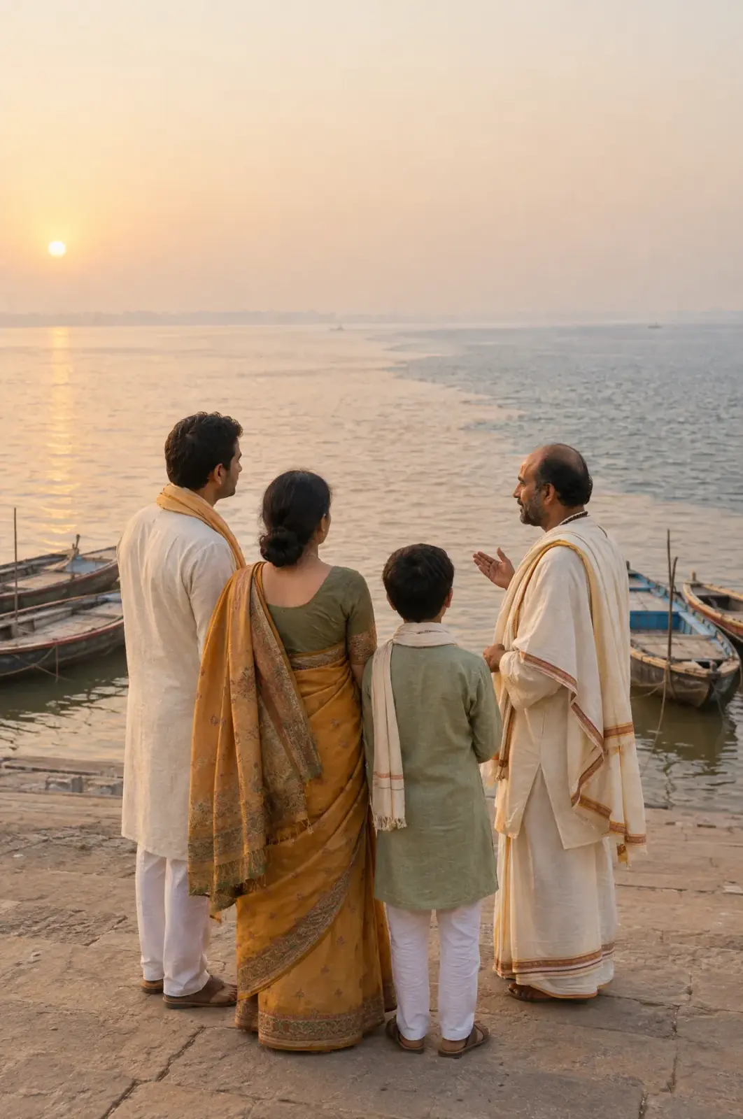 A family and Pandit overlooking the Sangam waters and boats in Prayagraj.