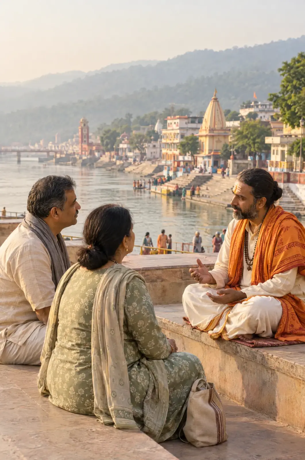 A couple seeking guidance from a Pandit beside the Ganga in Haridwar.