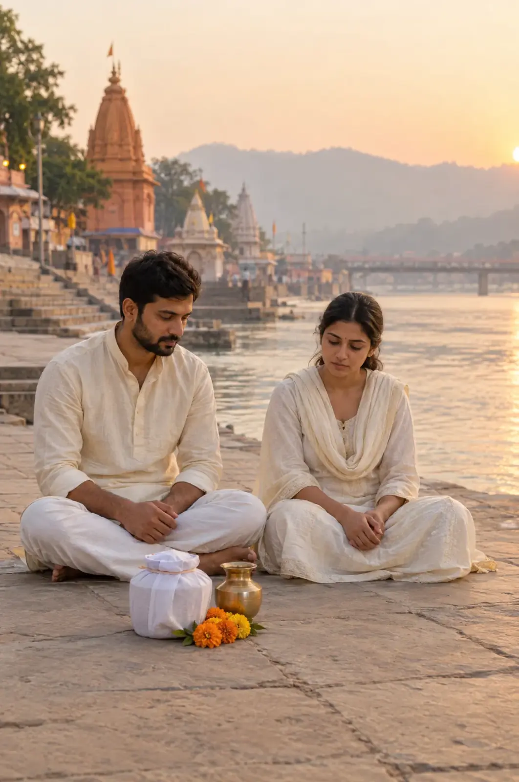 Family members in quiet remembrance beside a covered urn on the banks of the Ganga.