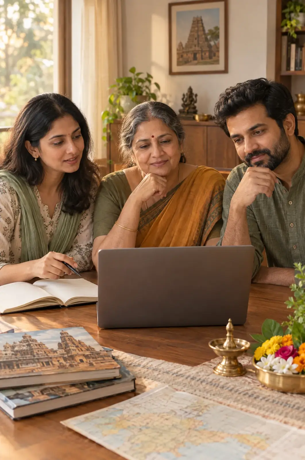A family at home preparing to arrange a Tirth ritual from abroad.