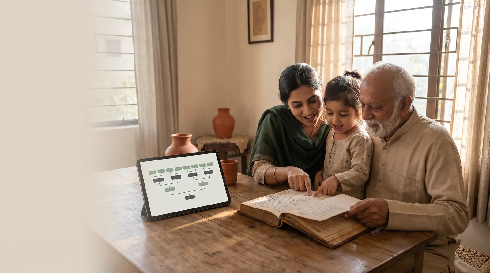 Family reviewing ritual guidance with a Pandit record