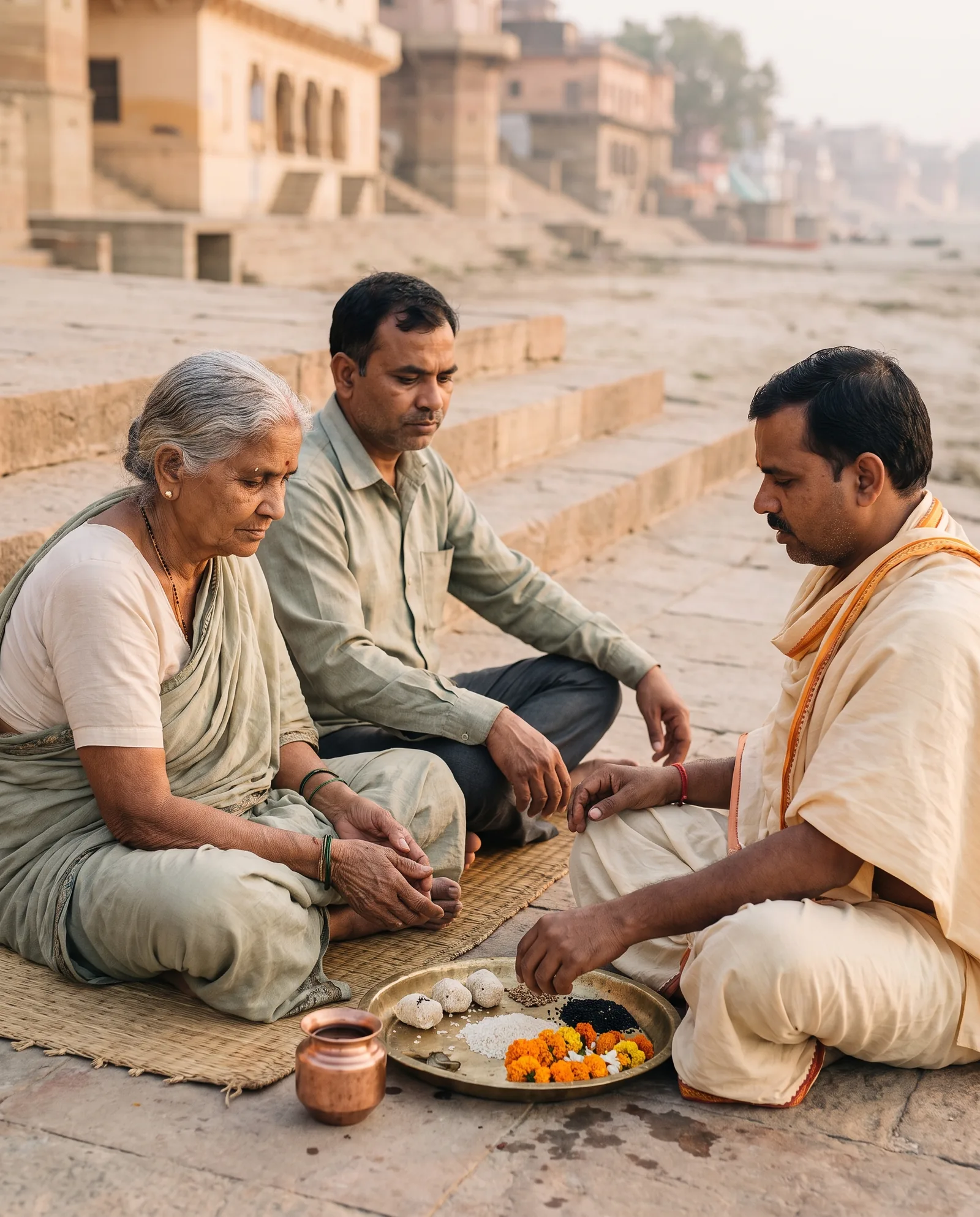 Illustration of a family making ancestral offerings with a priest beside the Falgu riverbed