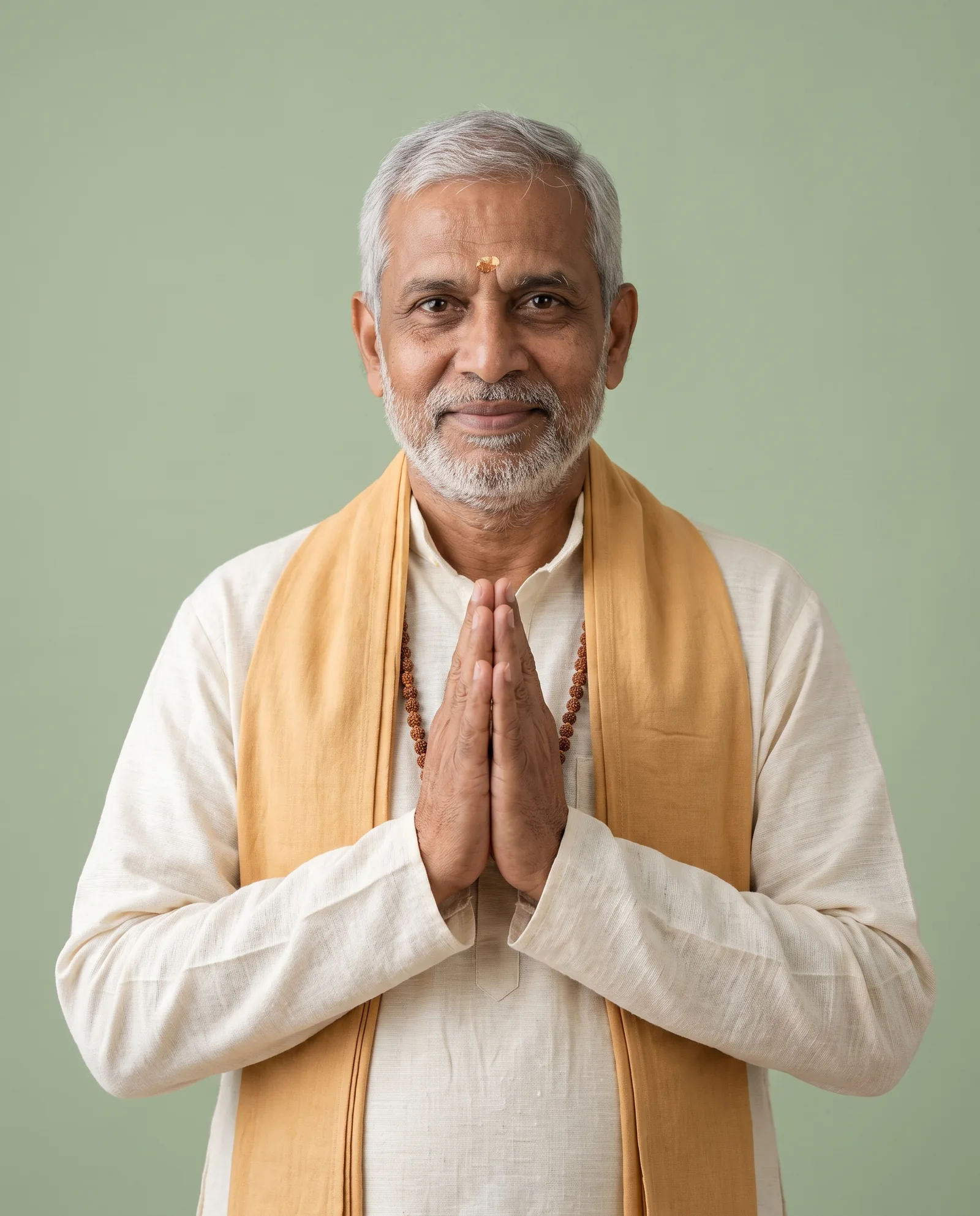 Illustrative portrait of a silver-haired Pandit offering a warm namaste
